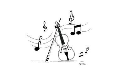 Fototapeta premium A whimsical black and white illustration of a violin with musical notes floating around it, suggesting a melody in motion.