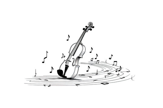 A detailed illustration of a violin with musical notes swirling around it, creating a sense of movement.