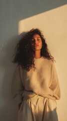 Young Woman with Curly Hair Posing Against a Sunlit Wall