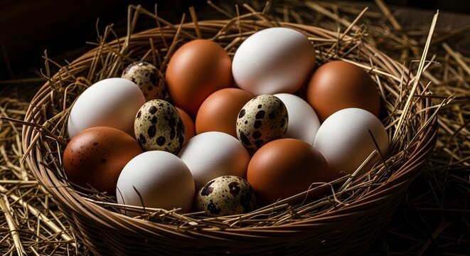A basket filled with a variety of eggs, including white, brown, and speckled quail eggs, nestled in straw.