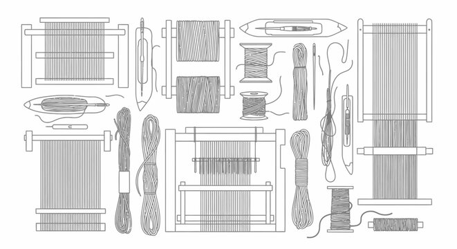 Detailed illustration of various weaving tools and equipment for textile creation.