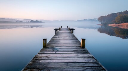 Serene Wooden Dock at Sunrise on Calm Misty Lake in Tranquil Landscape
