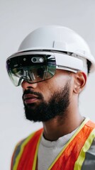 Worker with Smart Glasses and Safety Helmet in Construction Setting