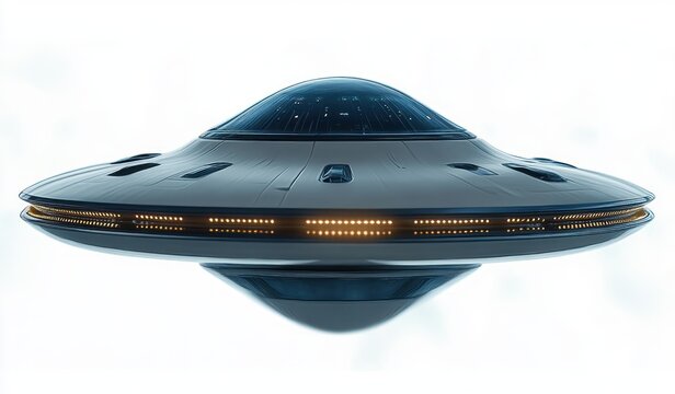 futuristic saucer-shaped spacecraft with illuminated lights around the circumference floating against a bright white background