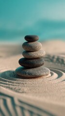 Tranquil Stack of Stones on Smooth Sand with Gentle Ocean Background