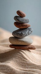 Stack of Smooth Stones on Sand with Soft Background Lighting