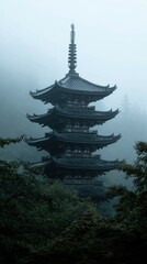 Serene Pagoda in Misty Forest with Lush Greenery Surroundings