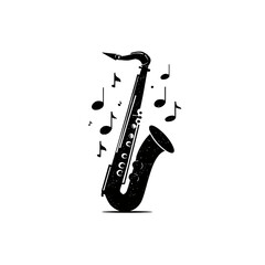 Naklejka premium A black and white illustration of a saxophone surrounded by floating musical notes