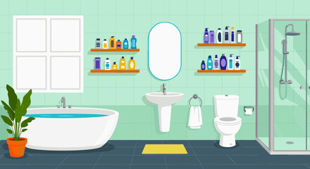 Modern bathroom interior with furniture and toiletries in a flat cartoon style. Vector illustration for home design and hygiene concepts © DOLARRIZ JHON