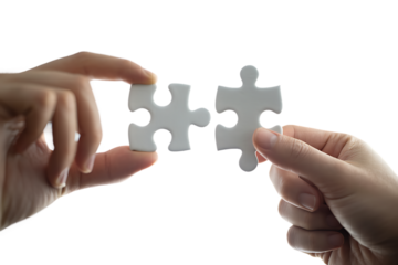 Hands connecting two white jigsaw puzzle pieces for a teamwork solution. Isolated on transparent background, png