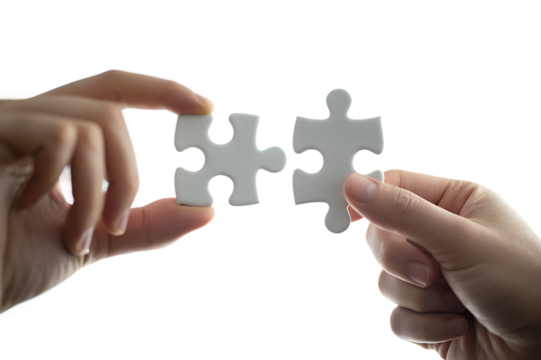 Hands connecting two white jigsaw puzzle pieces for a teamwork solution. Isolated on transparent background, png