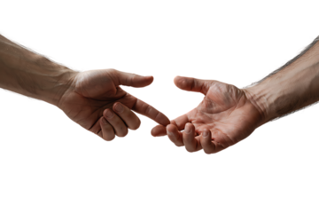 Two hands reaching for each other in a gesture. Isolated on transparent background, png
