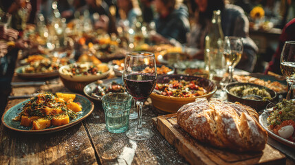 Fototapeta premium Rustic outdoor dining table is filled with variety of dishes, including bread, salads, and wine, creating warm and inviting atmosphere. setting suggests communal meal