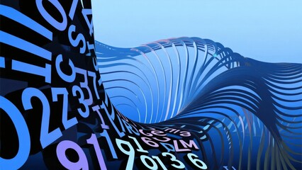 Abstract digital wave with flowing numbers and letters in blue tones
