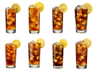Enjoy a delightful display of chilled Iced Black Tea. Multiple glasses, each with ice and a fresh lemon slice, offer a classic, refreshing beverage