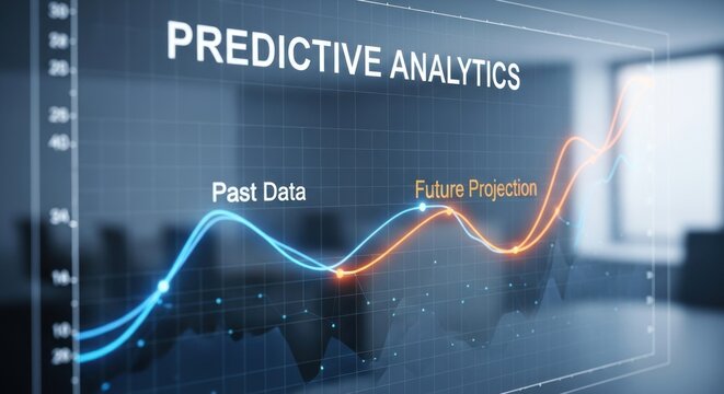 Digital display showcasing predictive analytics with lines for past data trends future projections on grid background, illustrating business growth forecasting insights.