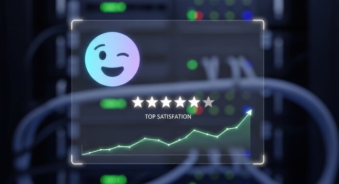 Digital interface displays winking emoji, five-star rating, upward trending graph indicating top satisfaction within server room environment, for excellent customer feedback performance