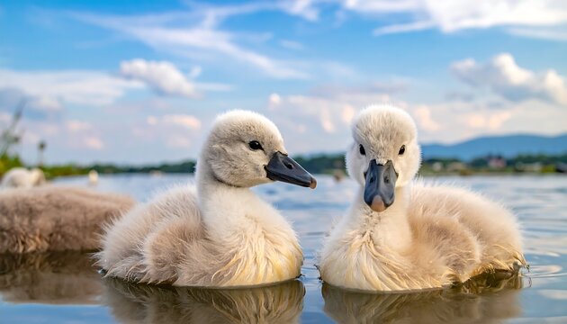 Close-up of two fluffy cygnets swimming in a calm lake under a blue sky