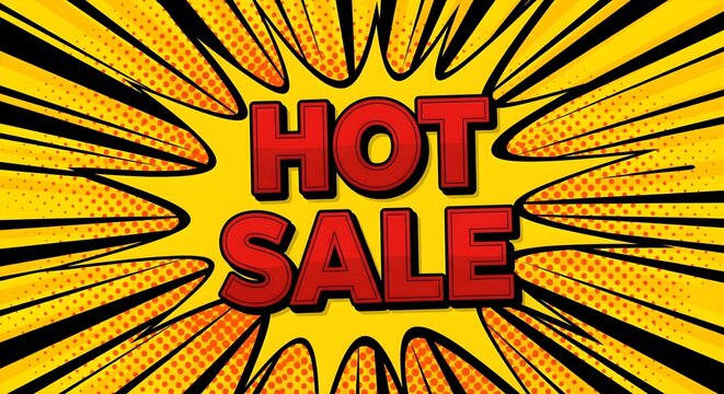 Comic-Style Hot Sale Banner – Bold Red Text on Yellow Halftone Background