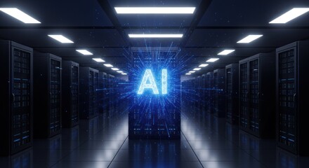 Futuristic data center illuminated glowing blue artificial intelligence symbol radiating digital energy data streams amidst rows server racks with ceiling lights.
