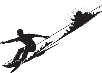 Naklejka premium Snowboarder silhouette carving turn with spray trail, extreme winter sports icon on clean background.