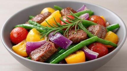 A Studio Photo Of A Large Bowl Of Mixed Vegetables With Beef Green Beans Cherry Tomatoes Yellow Peppers And Red Onions Garnished With Rosemary Sprigs