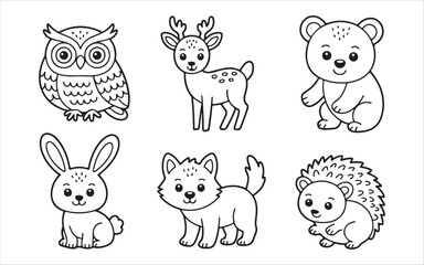 Fototapeta premium Cute woodland animals outline collection for coloring pages