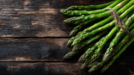 Fresh green asparagus bunch on rustic wooden background.