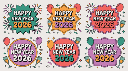 Six Colorful Happy New Year 2026 Greetings with Balloons, Champagne, and Festive Decorations Isolated on Light Background