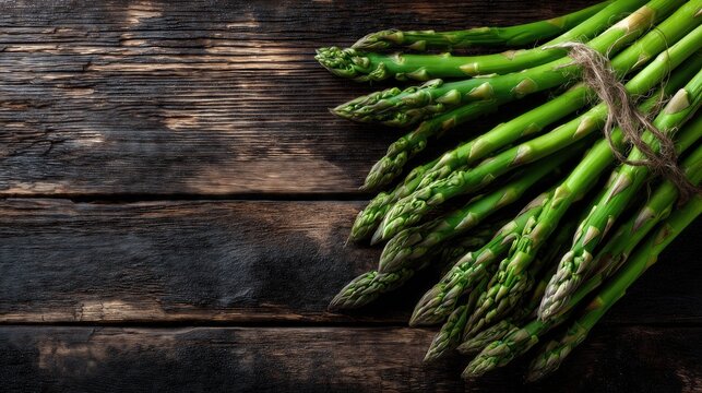 Fresh green asparagus bunch on rustic wooden background.