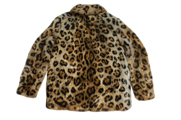 Luxurious leopard print faux fur coat on black background
