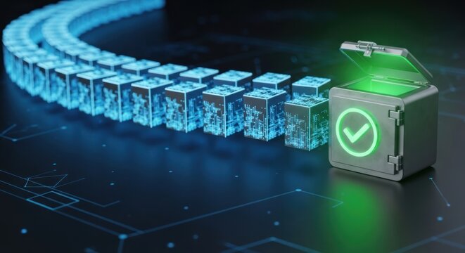 Futuristic digital vault with open lid glowing green, with checkmark symbol, with curving line glowing blue data blocks extending darkness, for secure information technology.