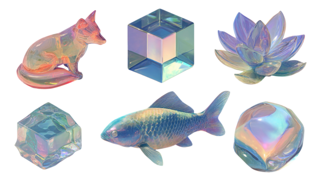 Colorful Holographic Objects with Transparent Background Featuring Various Shapes