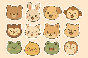 Set of Kawaii Cute Animal Face Stickers - Doodle Cartoon Icon Collection, Earth Tone Vector Illustration