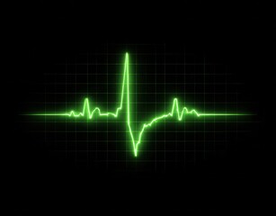 ECG heartbeat pulse waveform with green digital medical display. Health tech monitor interface with grid background and futuristic