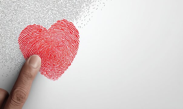 Unique fingerprint heart stamp with red impression made by hand on artistic fingerprint pattern background. Romantic symbol of personal love, affection and commitment in minimalist design.