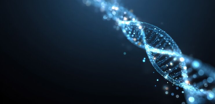 DNA helix genetic structure with blue glowing particles. Scientific molecular bio technology design for research innovation and