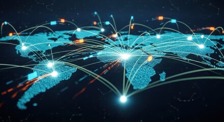 Global digital network connecting cities across continents with glowing lines nodes, for futuristic interconnected world data communication.