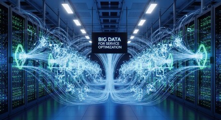 Gleaming server racks with vibrant blue light streams flowing through modern data center, illustrating concept big data for service optimization with futuristic digital network.