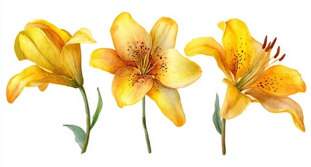 Yellow Lily Flowers Watercolor Painting Artistic Botanical Illustration