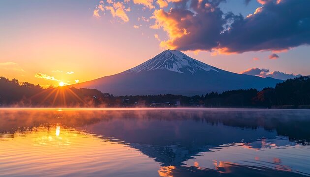 Majestic snow-capped peak reflected in calm lake at sunrise