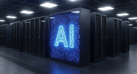 Glowing blue neon artificial intelligence symbol displayed prominently on digital screen within modern, dark server room filled with rows computer racks illuminated ceiling lights.