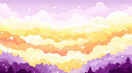 Dreamy pastel sky with gradient from coral to lavender, featuring fluffy clouds and sparkling stars, creates serene summer evening atmosphere. Silhouetted trees add depth