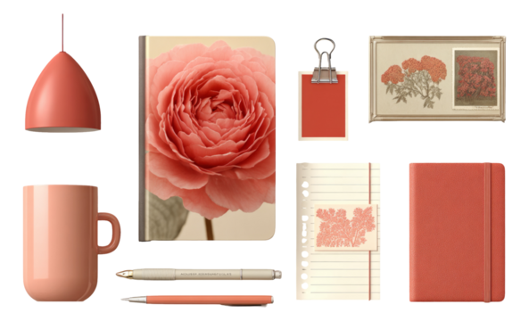 Elegant Coral-Themed Workspace Accessories for Creative Inspiration and Productivity
