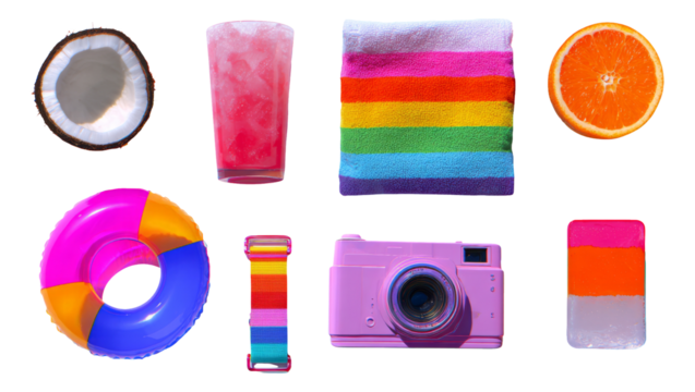 Vibrant Summer Objects on Transparent Background for Creative Projects