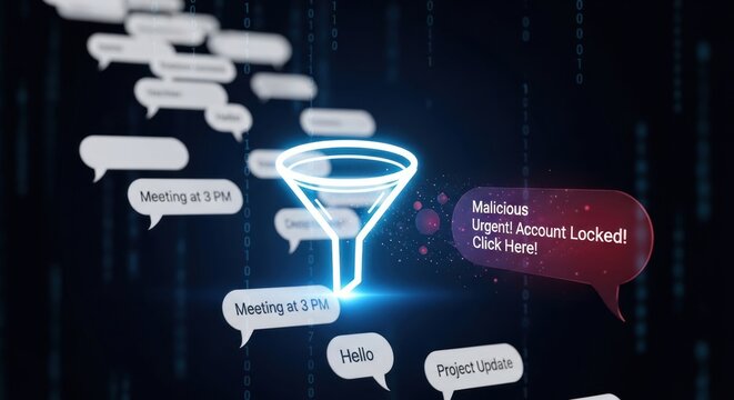 Glowing funnel filter processes incoming messages, with prominent red alert warning malicious urgent account lock, emphasizing digital security risks phishing attempts within dark, binary - Powered by Adobe