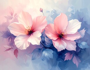 Two large pink blossoms with delicate leaves against a pastel backdrop