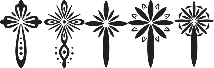Decorative cross silhouette set in black and white, elegant religious symbol illustration with floral and ornamental design, perfect for Christian art, tattoo templates, logos, and spiritual projects