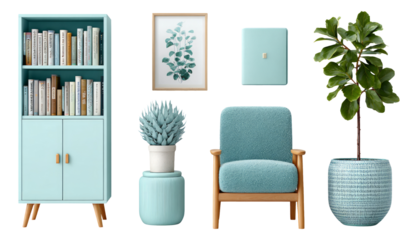 Modern Aqua Living Room Decor Elements with Plant and Stylish Furniture
