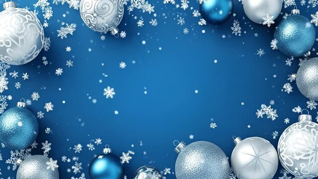 Blue Christmas snowfall background with elegant Christmas balls and copy space